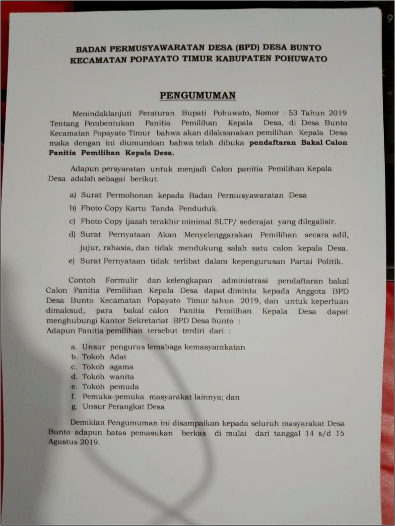 Contoh Surat Pernyataan Calon Bpd Desa