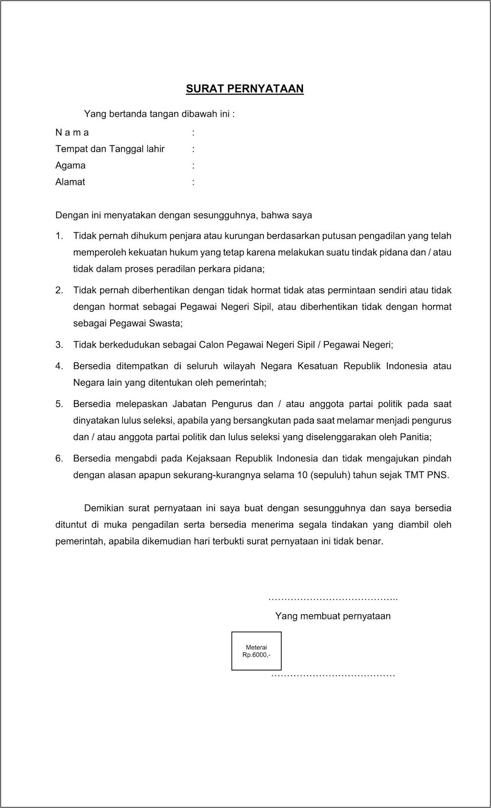 Contoh Surat Pernyataan Calon Cpns 2018