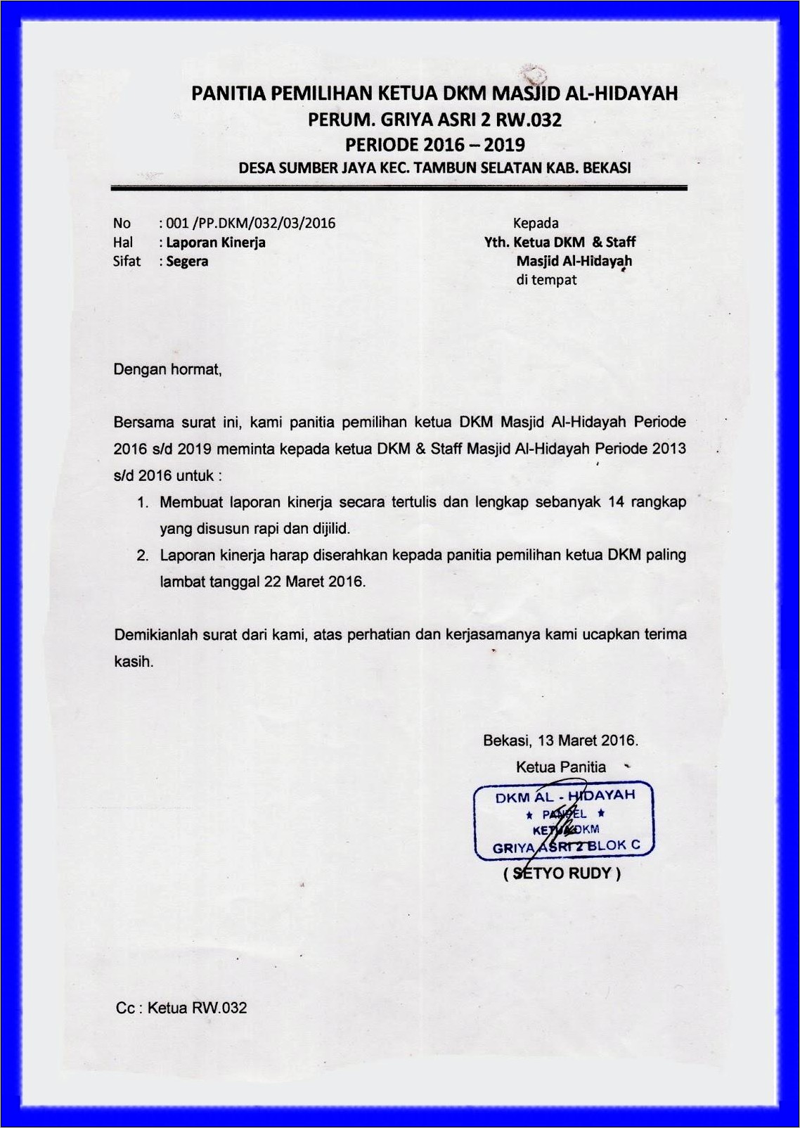 Contoh Surat Pernyataan Calon Ketua Masjid