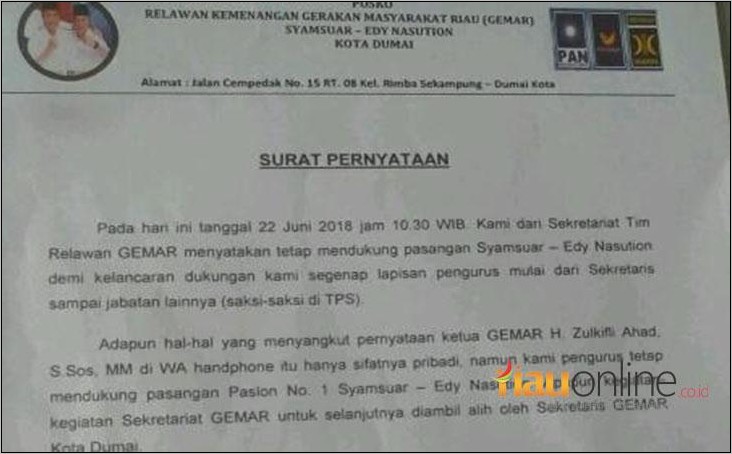 Contoh Surat Pernyataan Calon Ketua