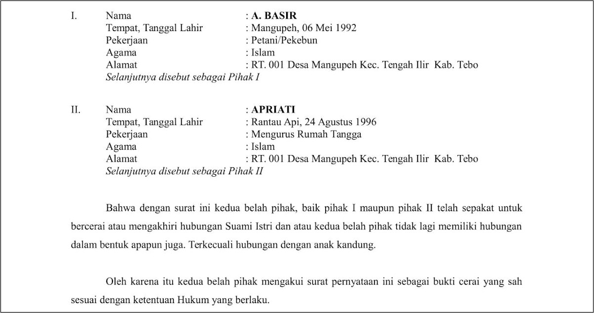 Contoh Surat Pernyataan Cerai Dari Suami