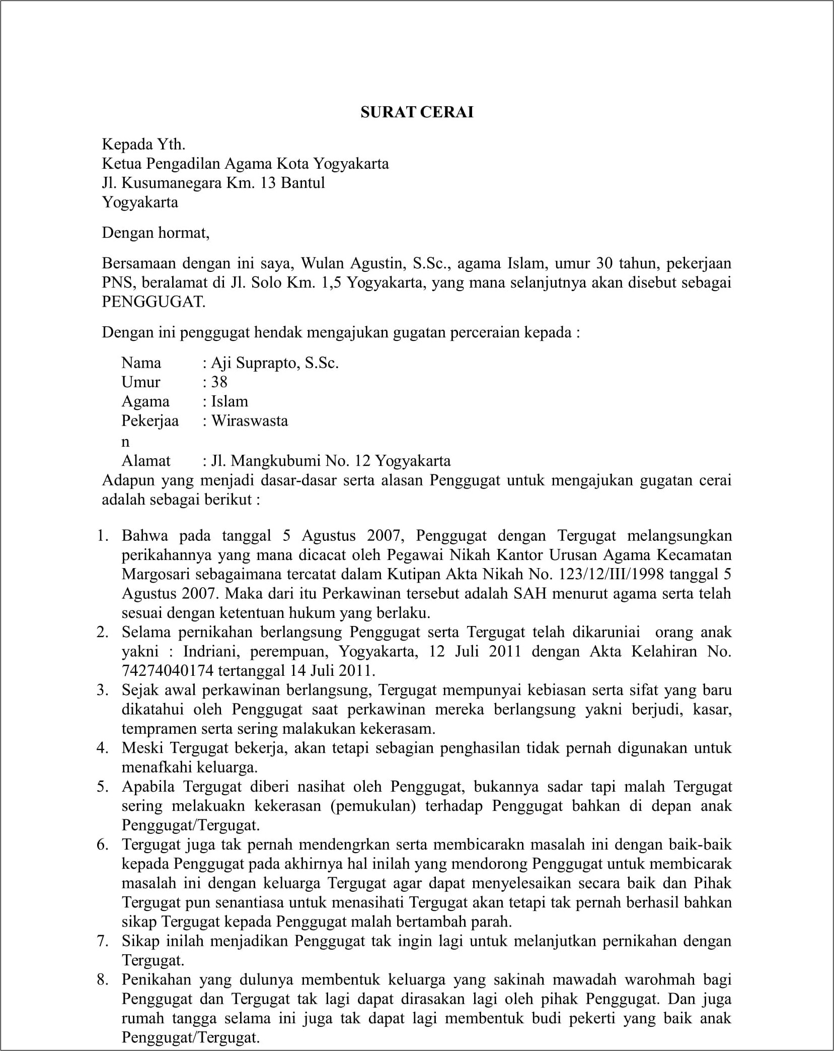 Contoh Surat Pernyataan Cerai Secara Kekeluargaan