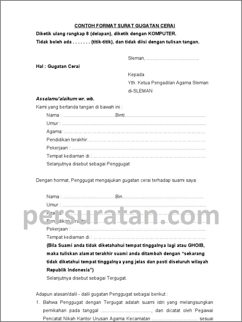 Contoh Surat Pernyataan Cerai Suami