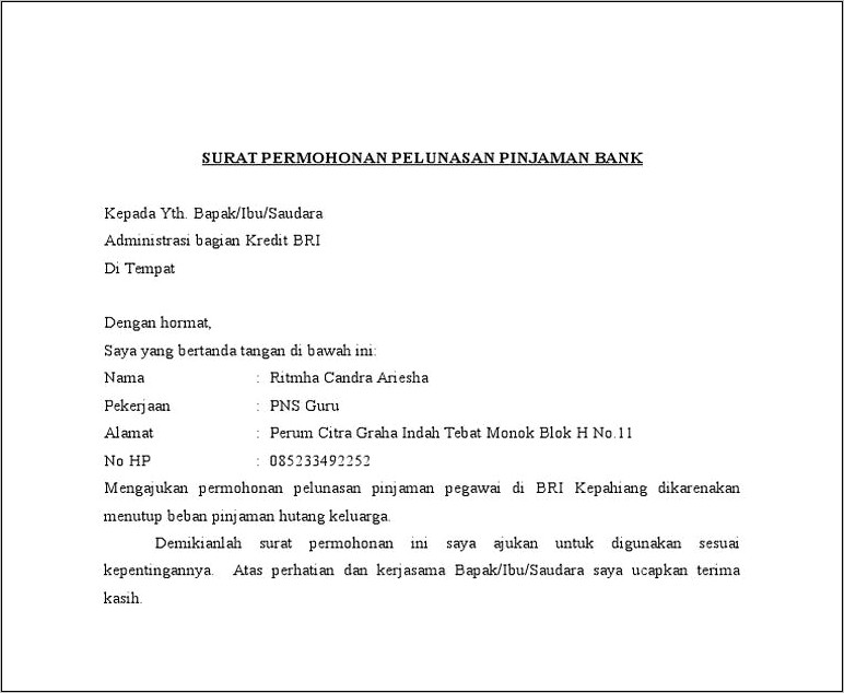 Contoh Surat Pernyataan Cicilan Bank