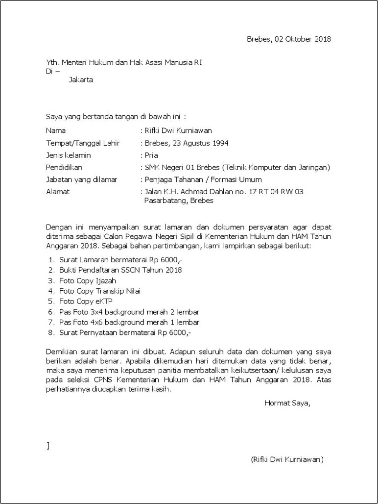 Contoh Surat Pernyataan Cpns Kemenkumham 2017 Dapurpendidik