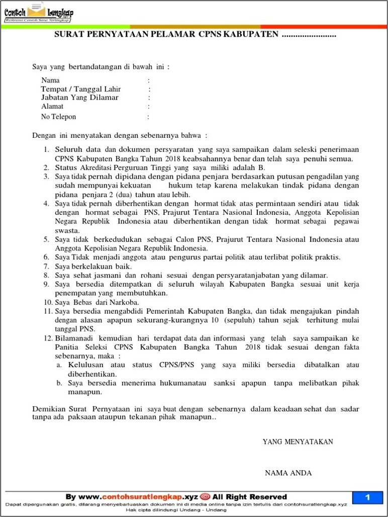 Contoh Surat Pernyataan Cpns Ketenagakerjaan