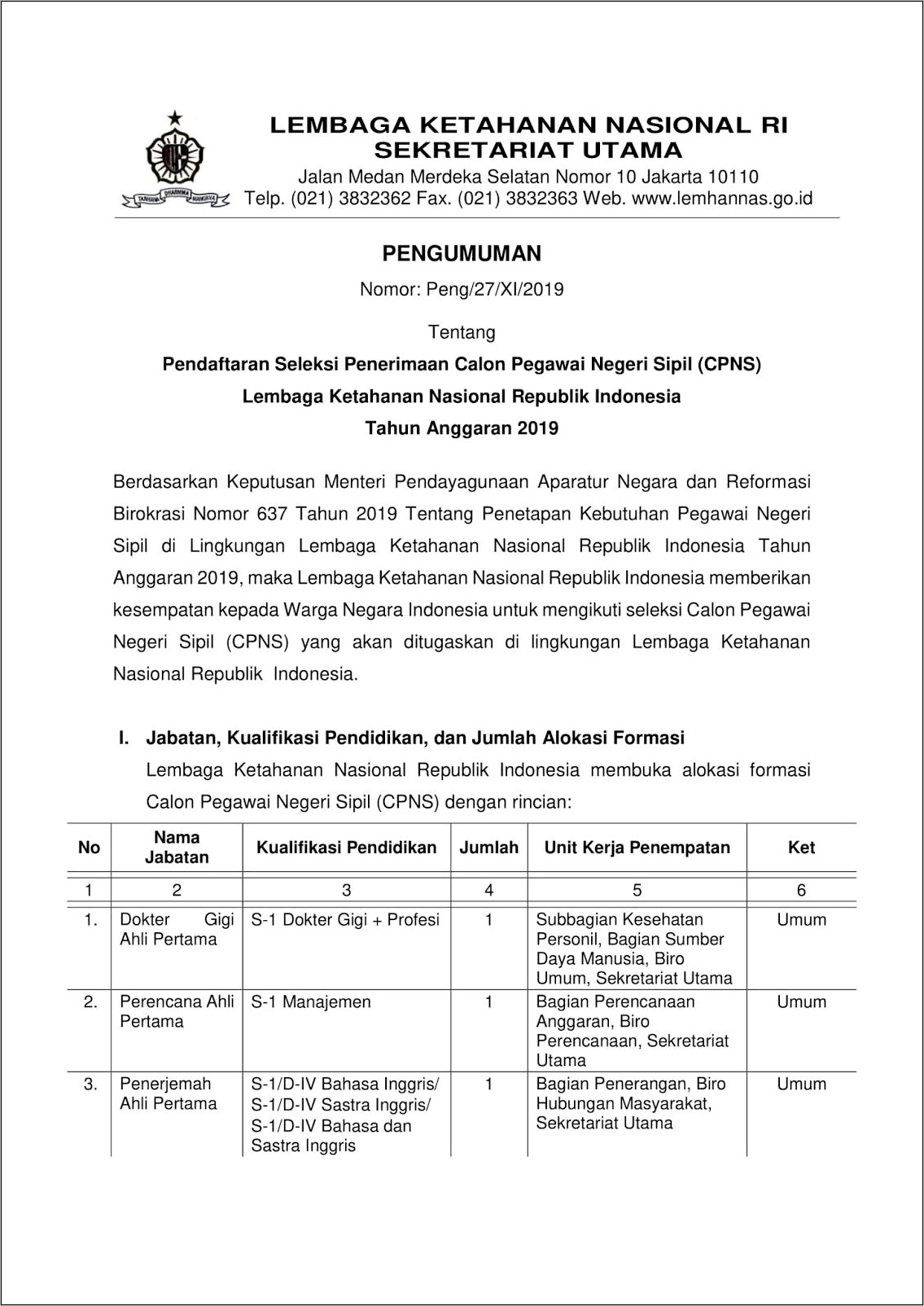 Contoh Surat Pernyataan Cpns Lemhannas