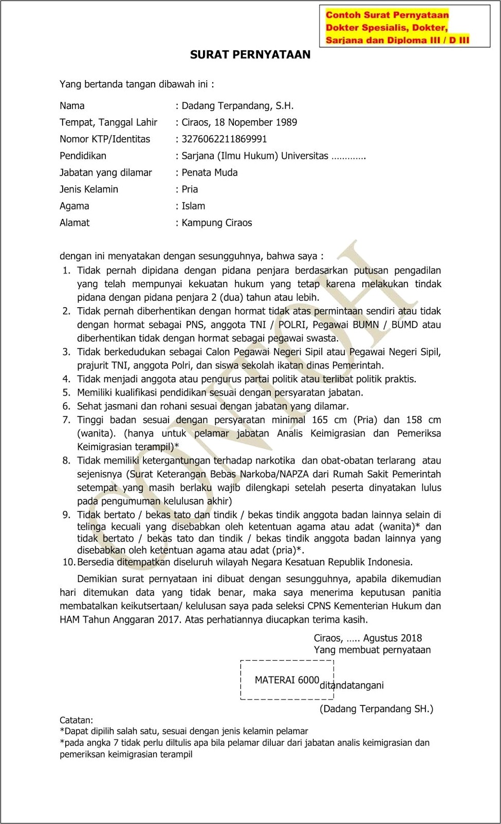 Contoh Surat Pernyataan Cpns Materai