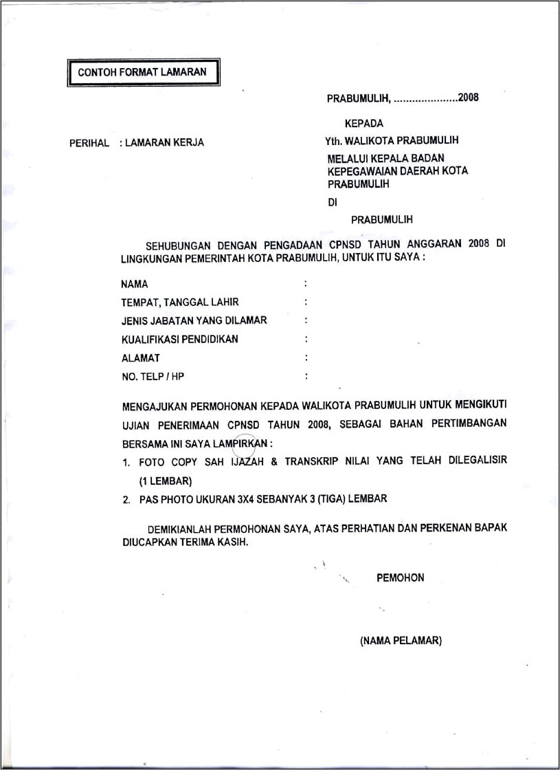 Contoh Surat Pernyataan Cpns Pemerintah Kota Prabumulih