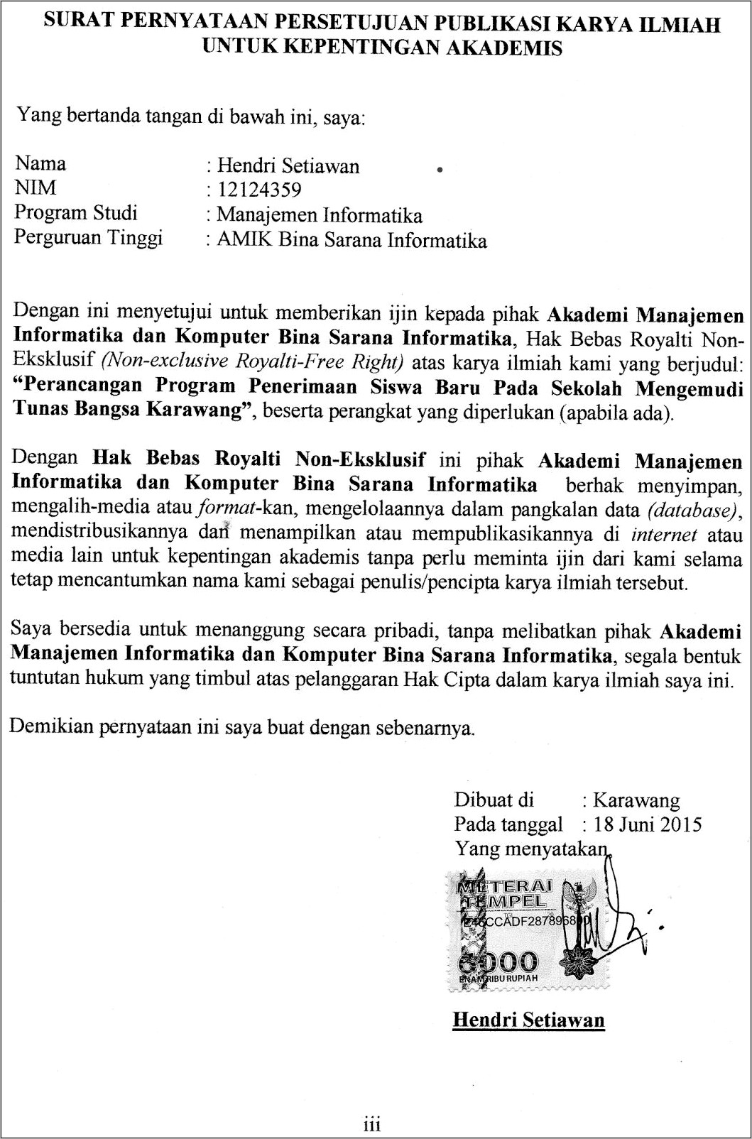 Contoh Surat Pernyataan Dan Persetujuan