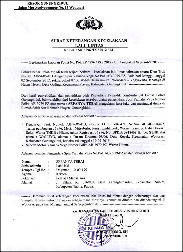 Contoh Surat Pernyataan Dari Kantor Polisi Lengkap Kasus Kecelakaan