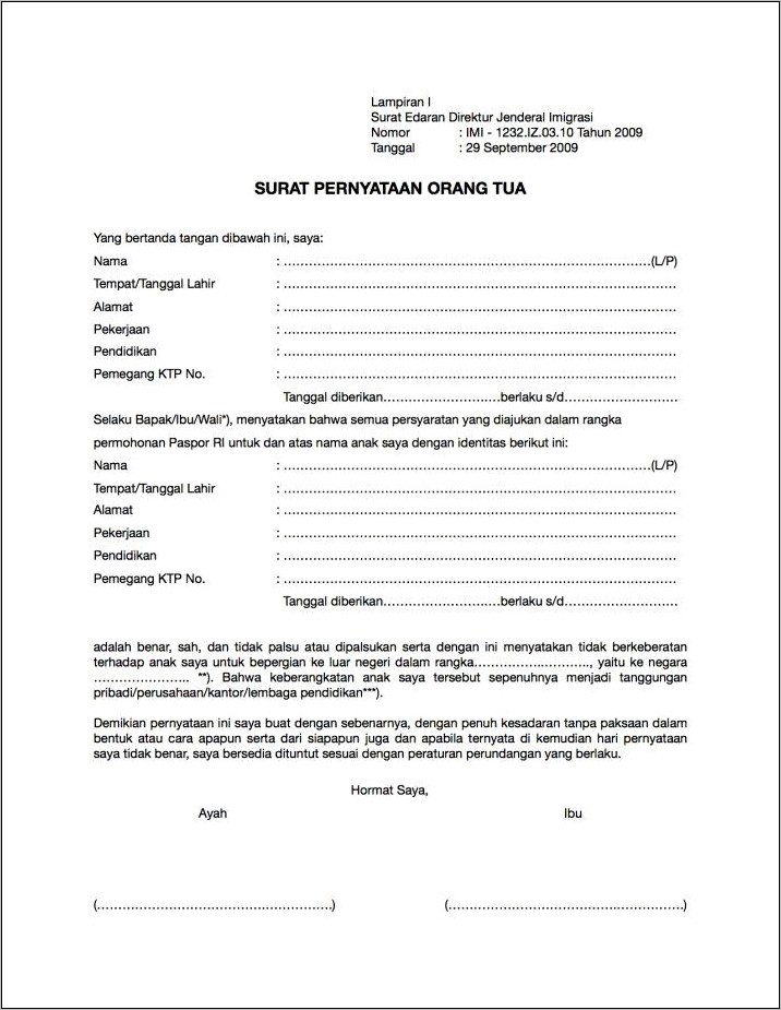 Contoh Surat Pernyataan Dari Orangtua Untuk Anak Mengurus Paspor