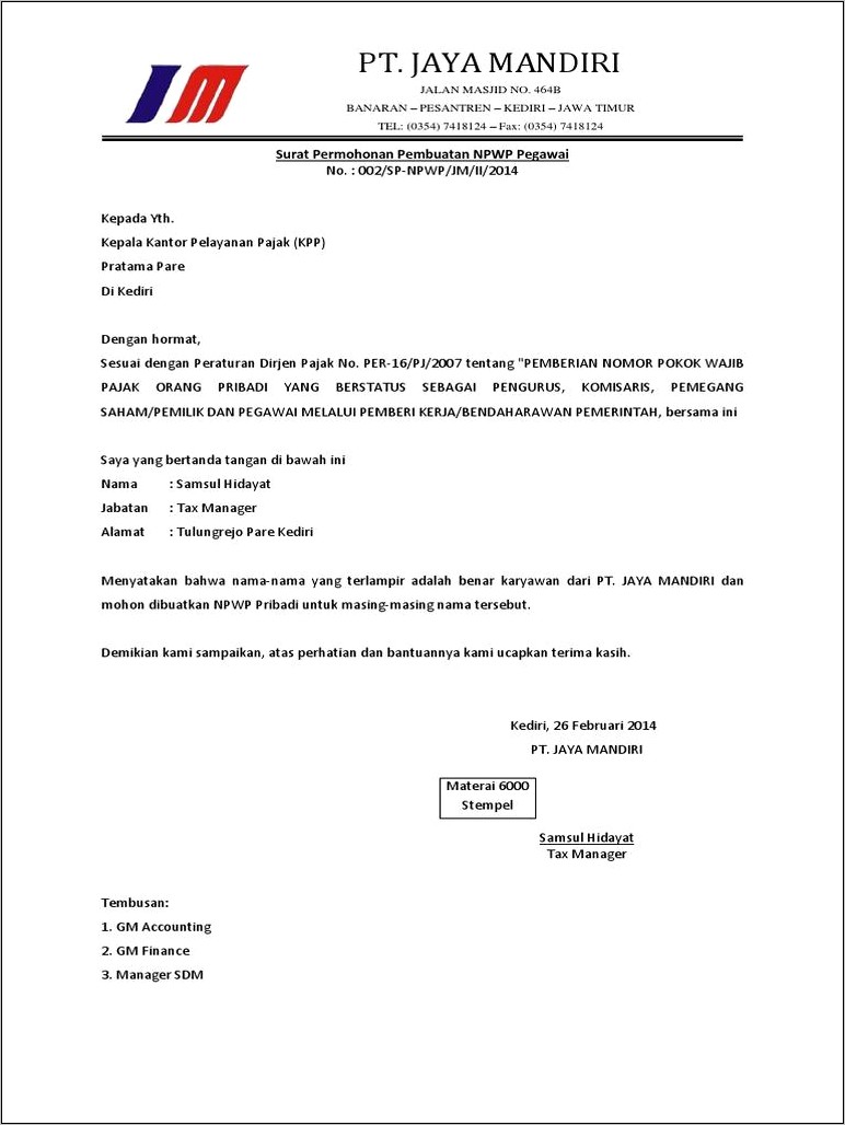 Contoh Surat Pernyataan Dari Pakai Npwp Ke Tidka Pakai Npwp