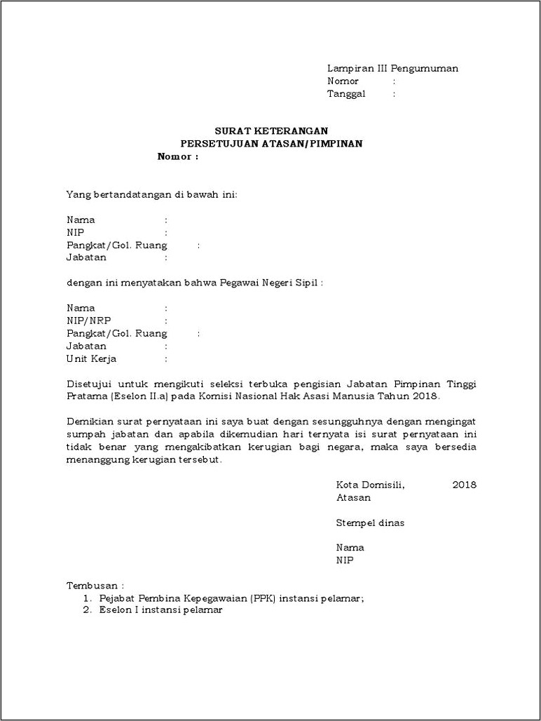 Contoh Surat Pernyataan Dari Pejabat Pimpinan Tinggi