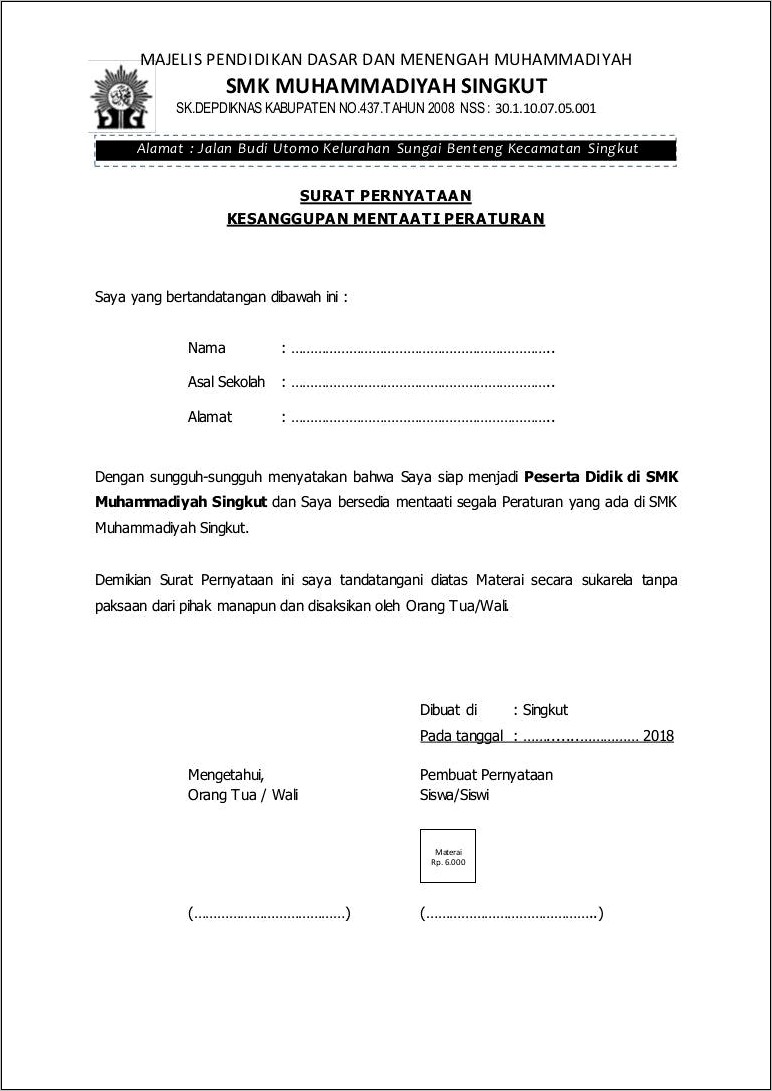 Contoh Surat Pernyataan Dari Sekolah