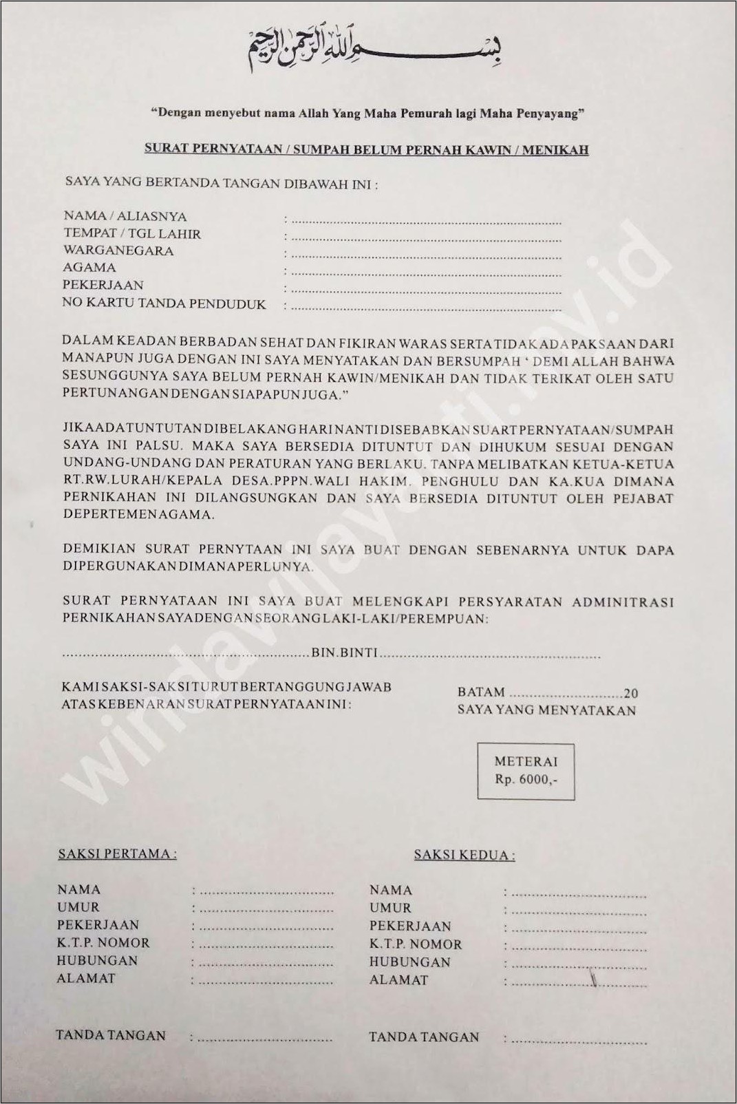 Contoh Surat Pernyataan Dari Wali Ke Hakim Untuk Nikah