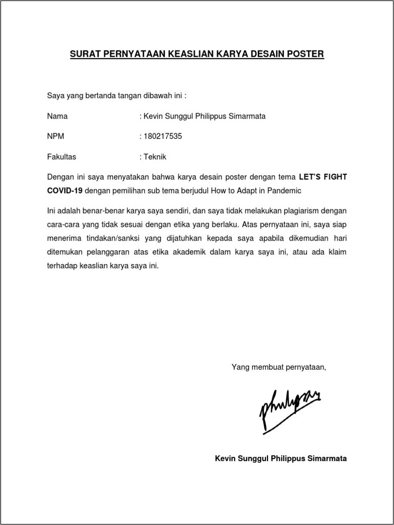 Contoh Surat Pernyataan Desain Yang Dilombakan Adalah Karya Sendiri Doc