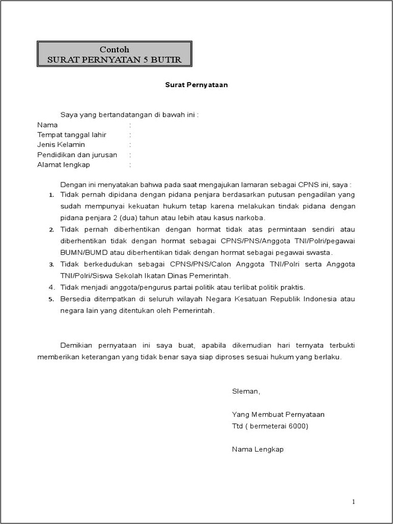 Contoh Surat Pernyataan Dic