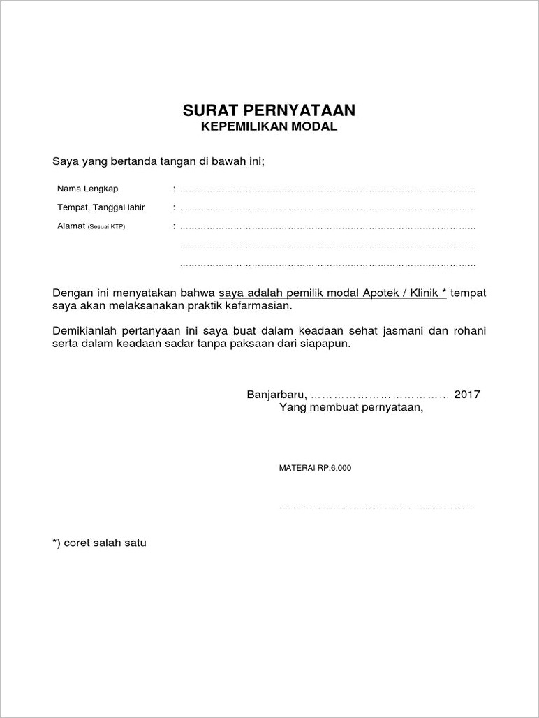 Contoh Surat Pernyataan Direksi Tentang Penyetoran Modal Perseroan