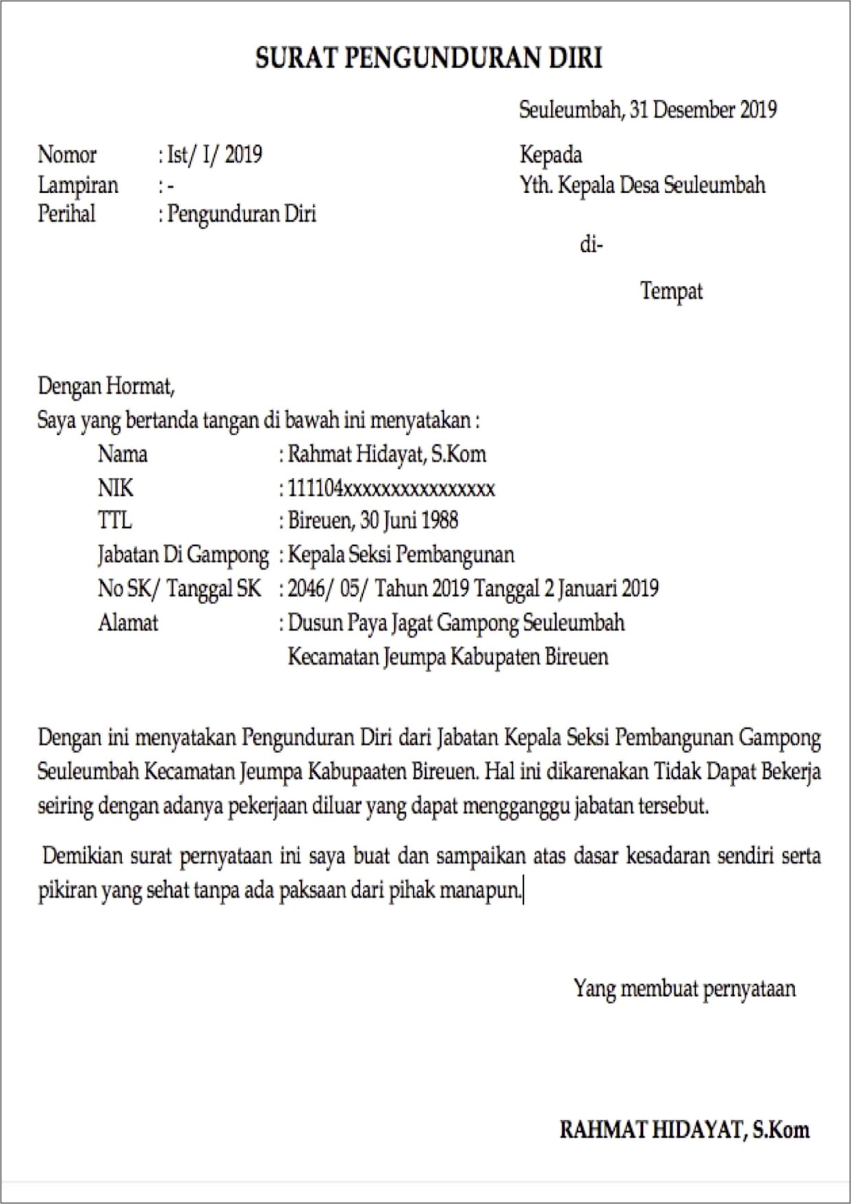 Contoh Surat Pernyataan Diri Kepada Perusahaan