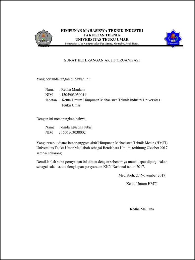 Contoh Surat Pernyataan Diri Menjadi Ketua Hima