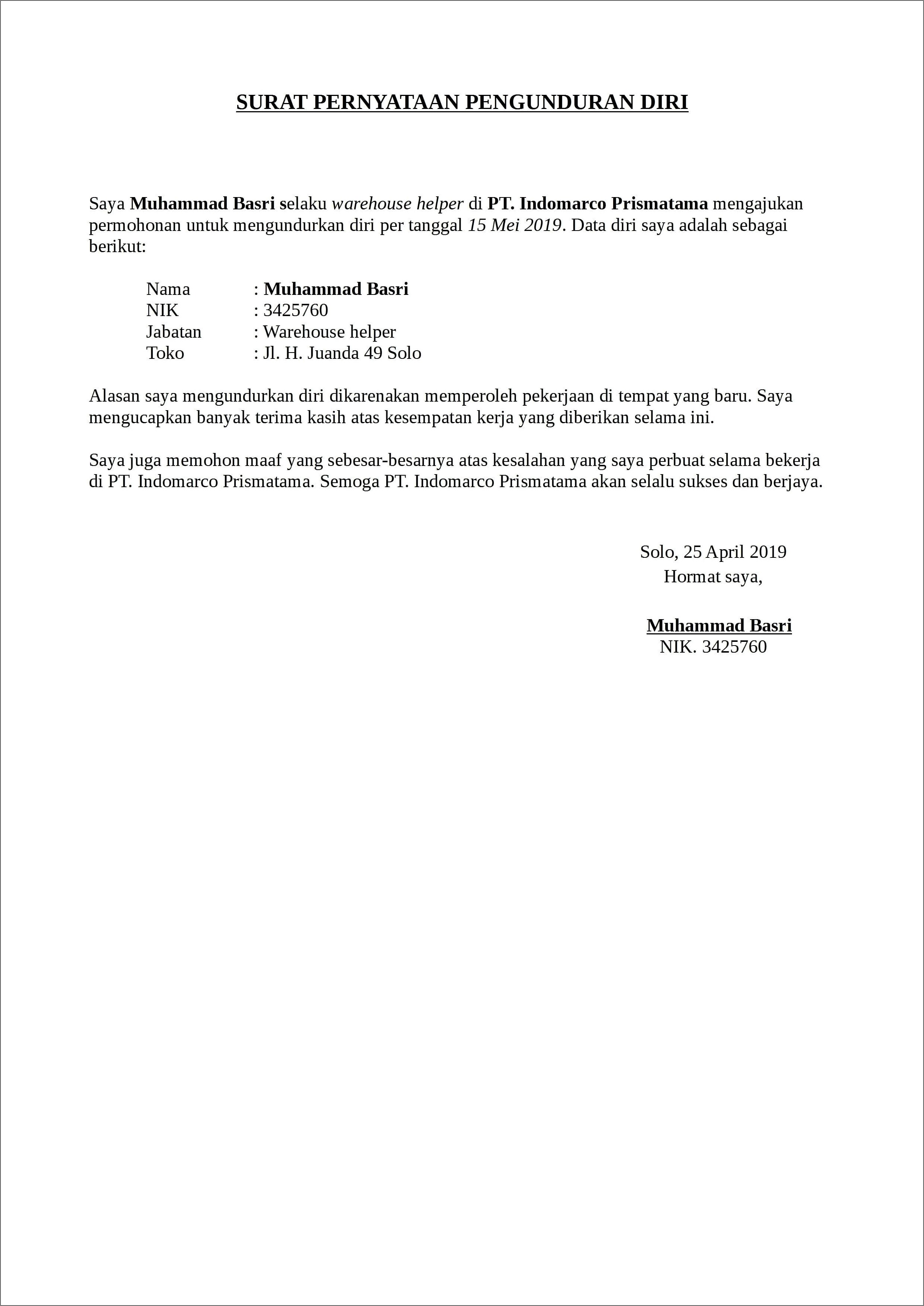 Contoh Surat Pernyataan Diri Perusahaan