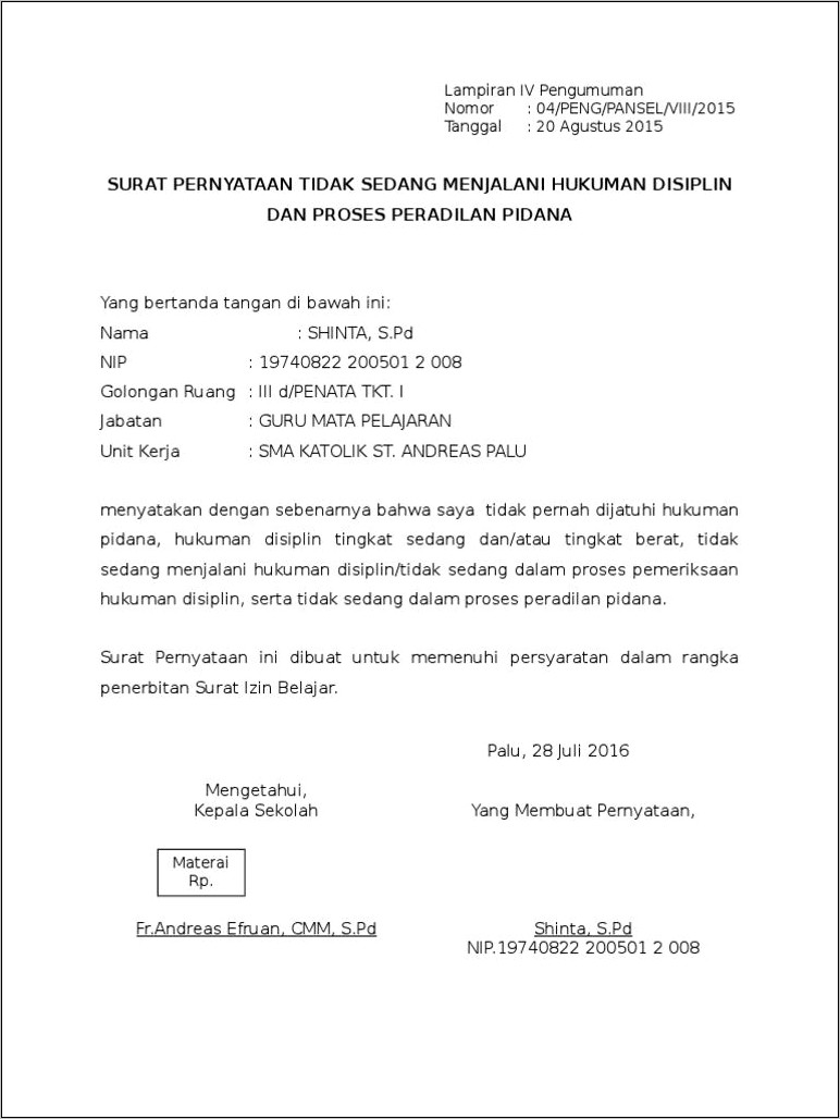 Contoh Surat Pernyataan Disiplin