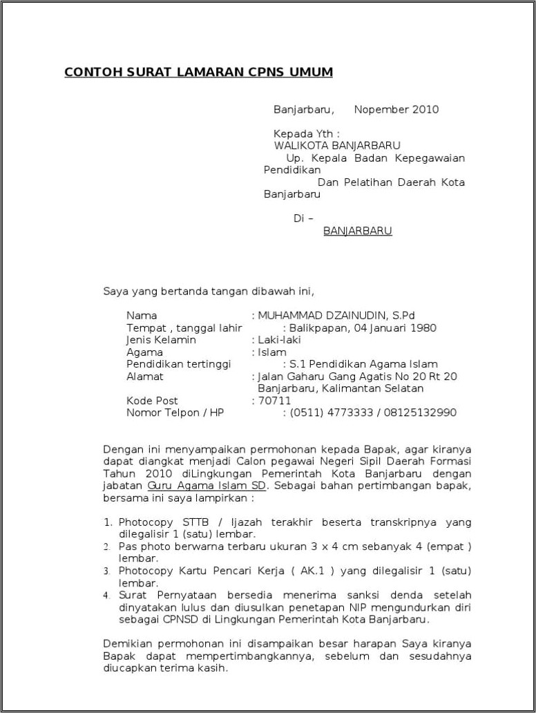 Contoh Surat Pernyataan Formasi Umum