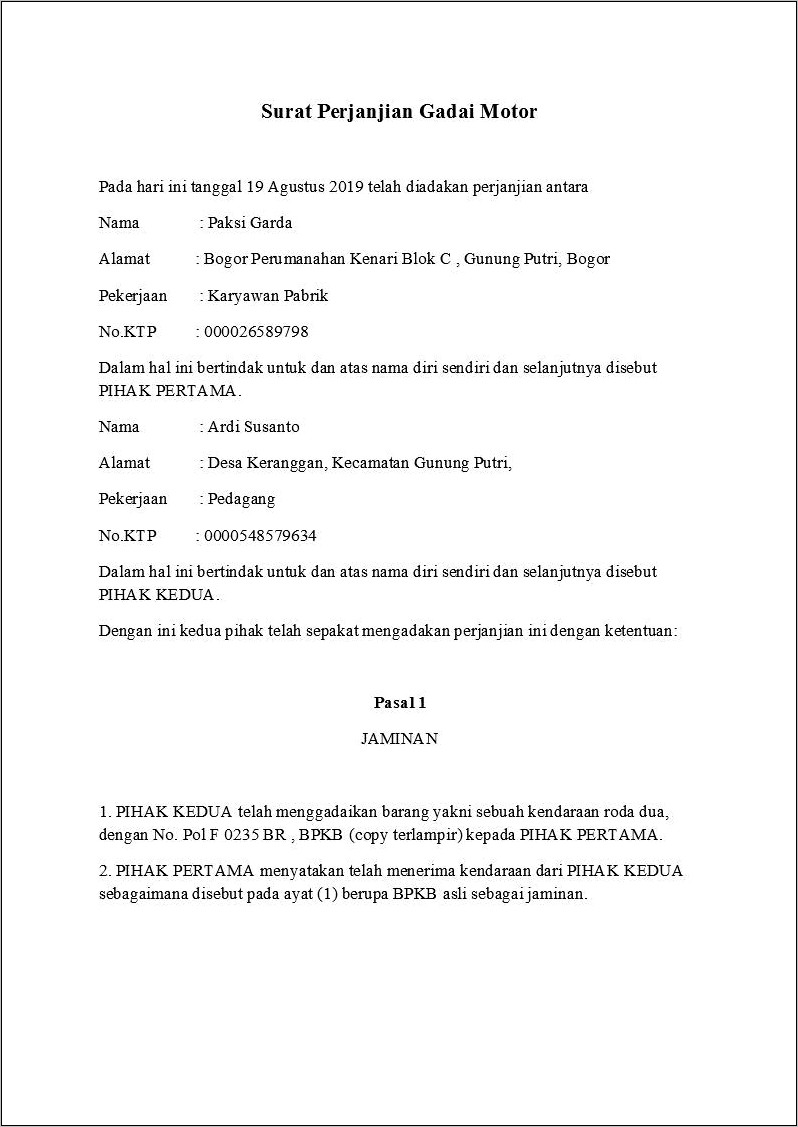 Contoh Surat Pernyataan Gadai Mobil Adira Doc