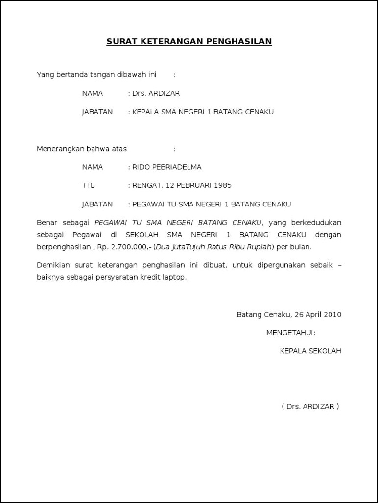 Contoh Surat Pernyataan Gaji Untuk Visa