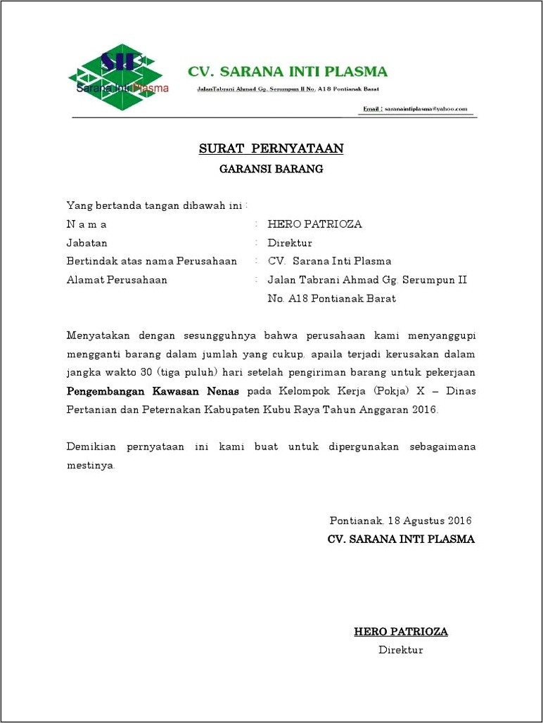 Contoh Surat Pernyataan Garansi Produk