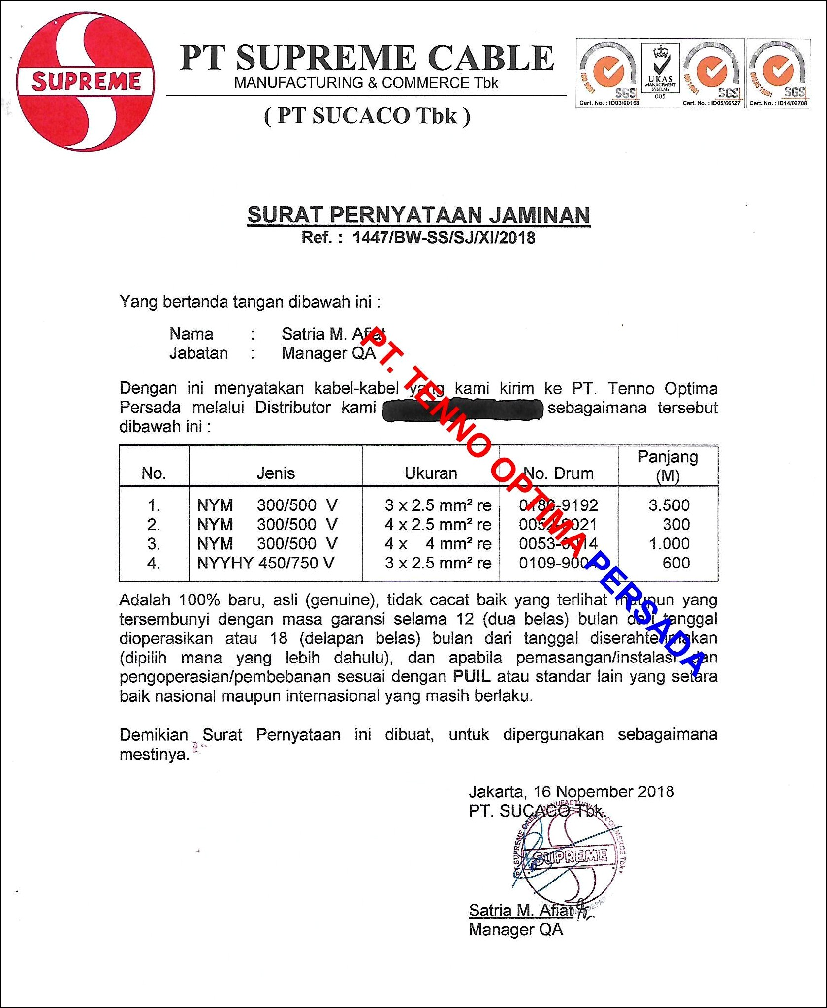 Contoh Surat Pernyataan Garansi Service