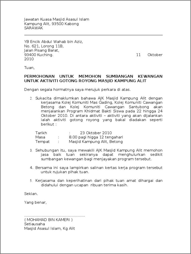 Contoh Surat Pernyataan Gharim Masjid