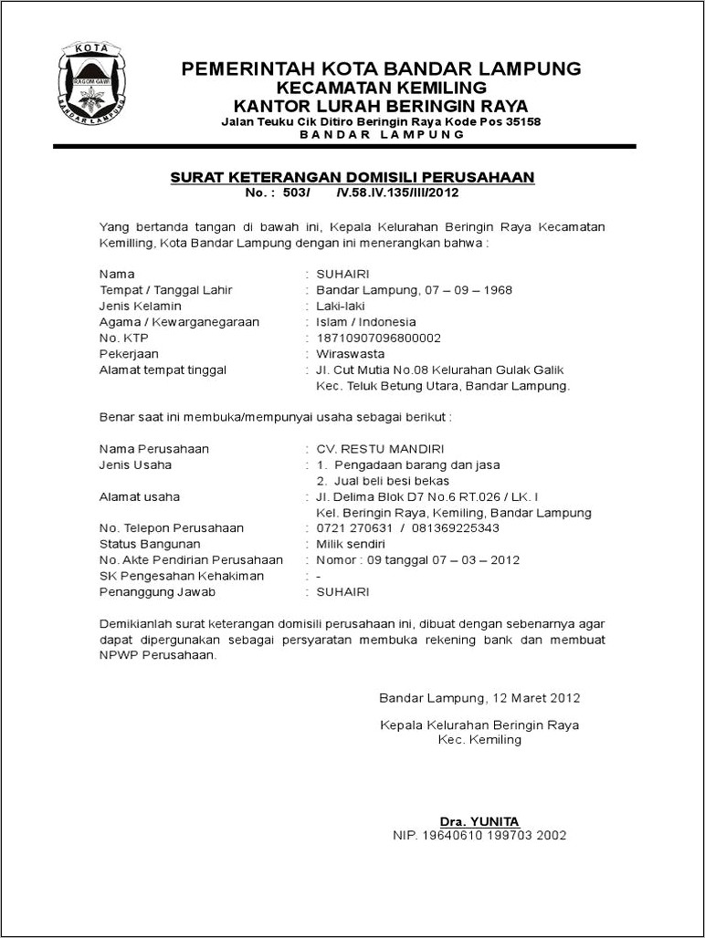 Contoh Surat Pernyataan Hak Milik Tempat Berdirinya Paud