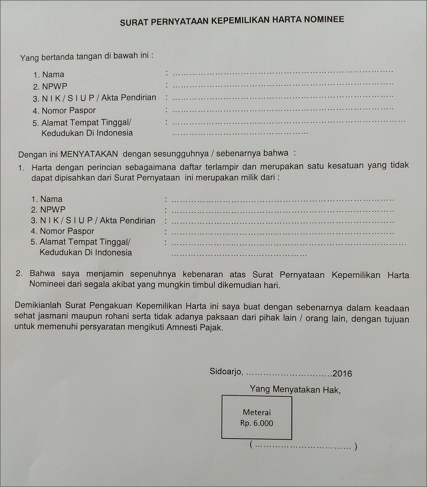 Contoh Surat Pernyataan Harta Gono Gini