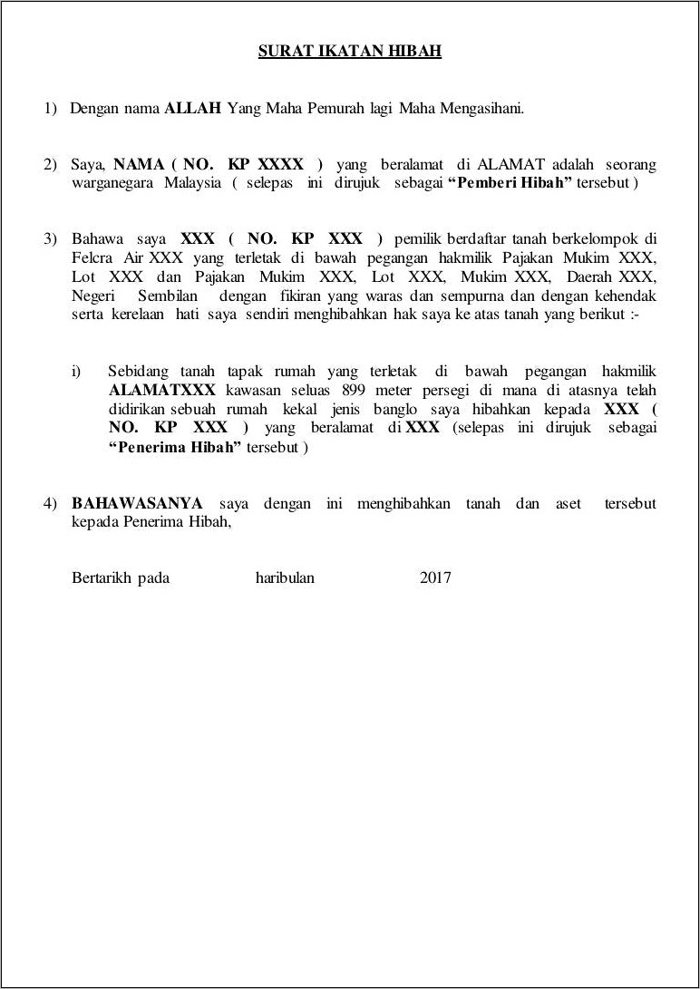 Contoh Surat Pernyataan Hibah Tanah Untuk Anak