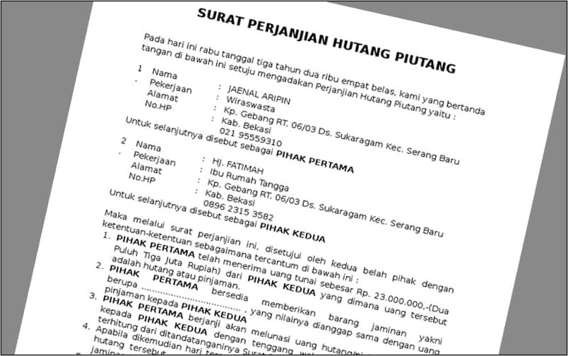 Contoh Surat Pernyataan Hutang Piutang Dengan Menggunakan Jaminan Tanah