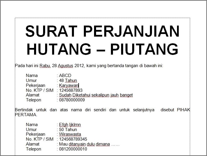 Contoh Surat Pernyataan Hutang Uang