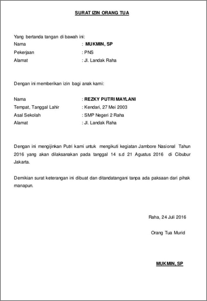 Contoh Surat Pernyataan Ikut Kegiatan