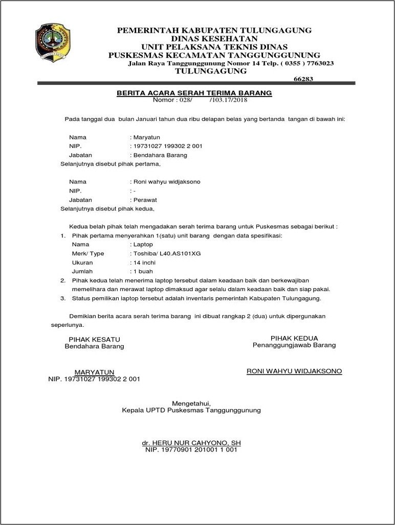 Contoh Surat Pernyataan Inventaris Barang