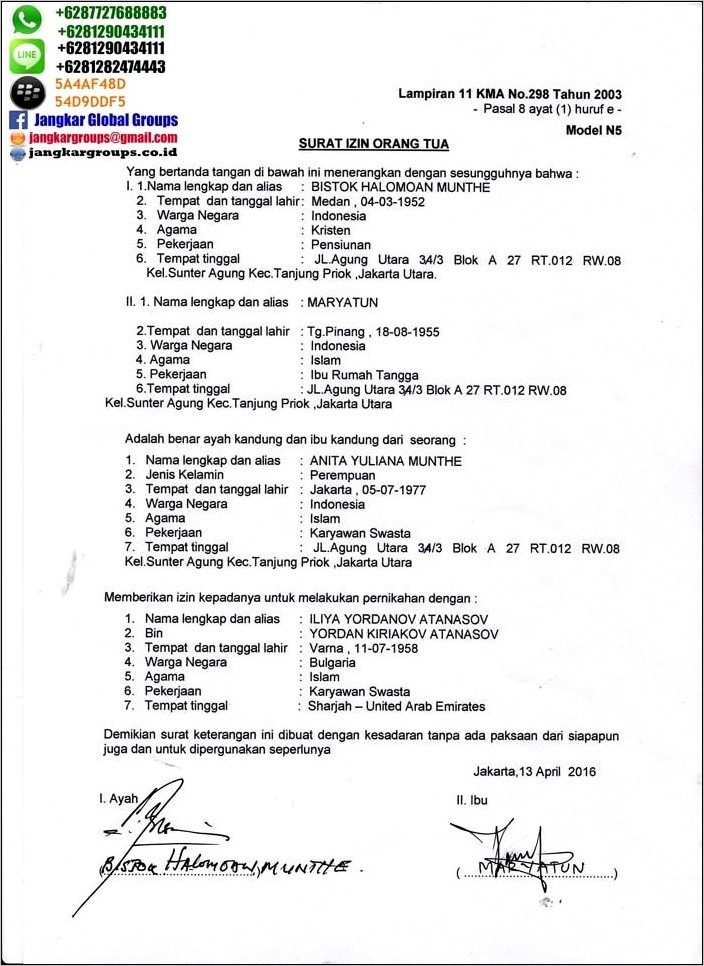 Contoh Surat Pernyataan Izin Menikah Ke Orang Tua