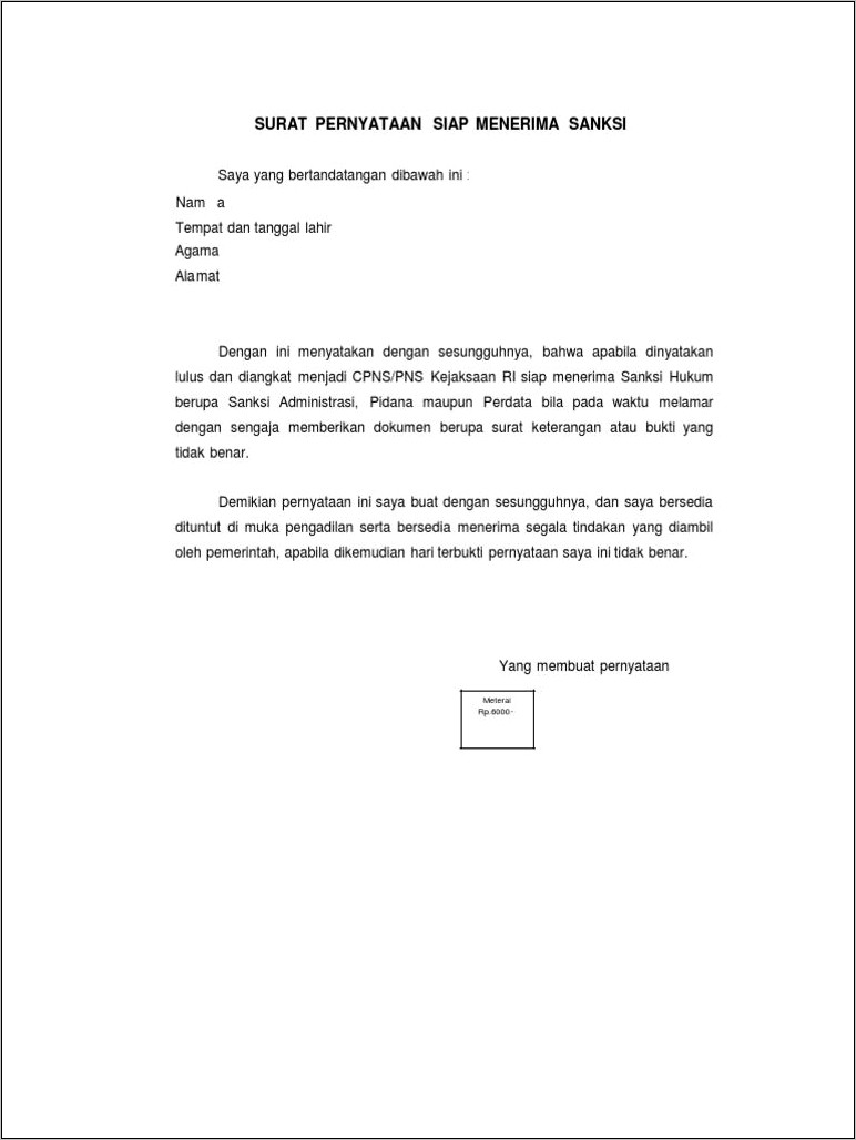 Contoh Surat Pernyataan Kaitannya Dengan Sanksi Hukum