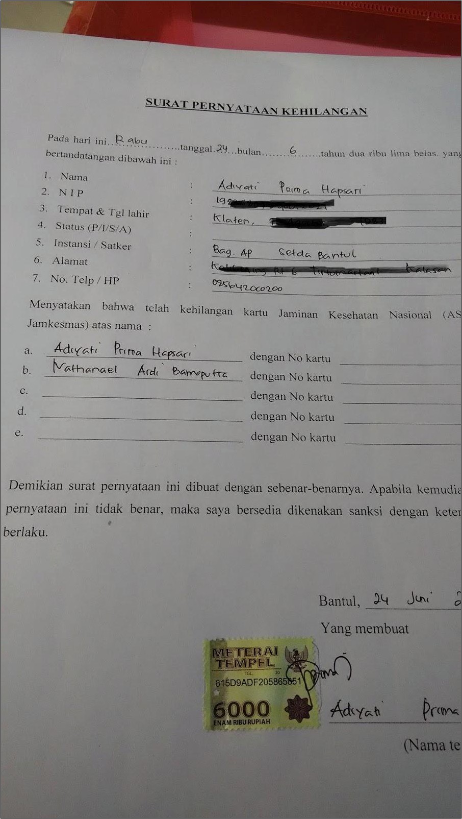 Contoh Surat Pernyataan Kartu Bpjs Hilang