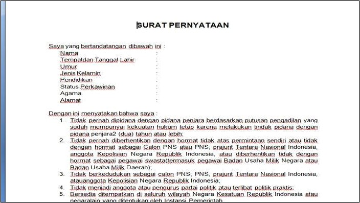 Contoh Surat Pernyataan Keabsahan Berkas Cpns