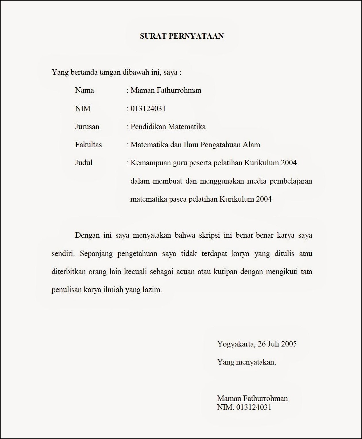 Contoh Surat Pernyataan Keaslian Naskah Dan Siap Di Publikasikan