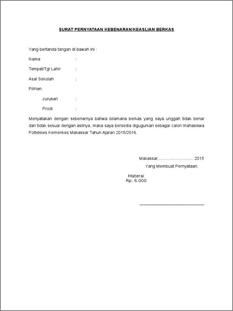 Contoh Surat Pernyataan Kebenaran Berkas