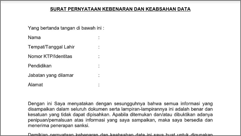 Contoh Surat Pernyataan Kebenaran Dan Keabsahan Data Cpns