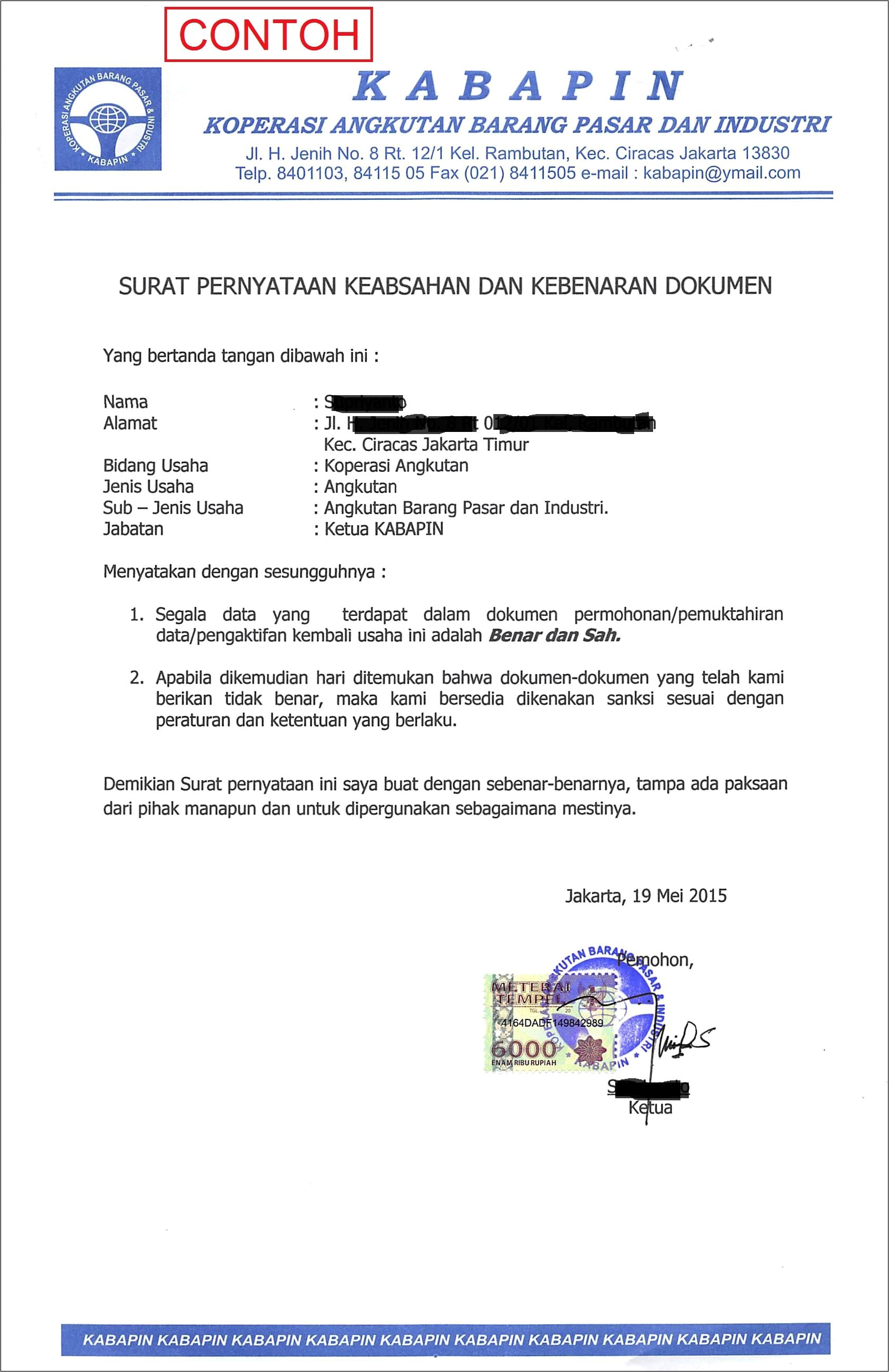 Contoh Surat Pernyataan Kebenaran Dan Keabsahan Data