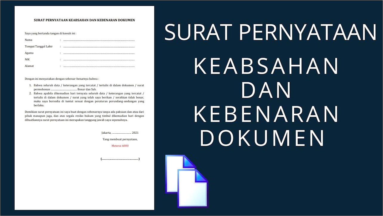 Contoh Surat Pernyataan Kebenaran Dan Keabsahan Dokumen & Data