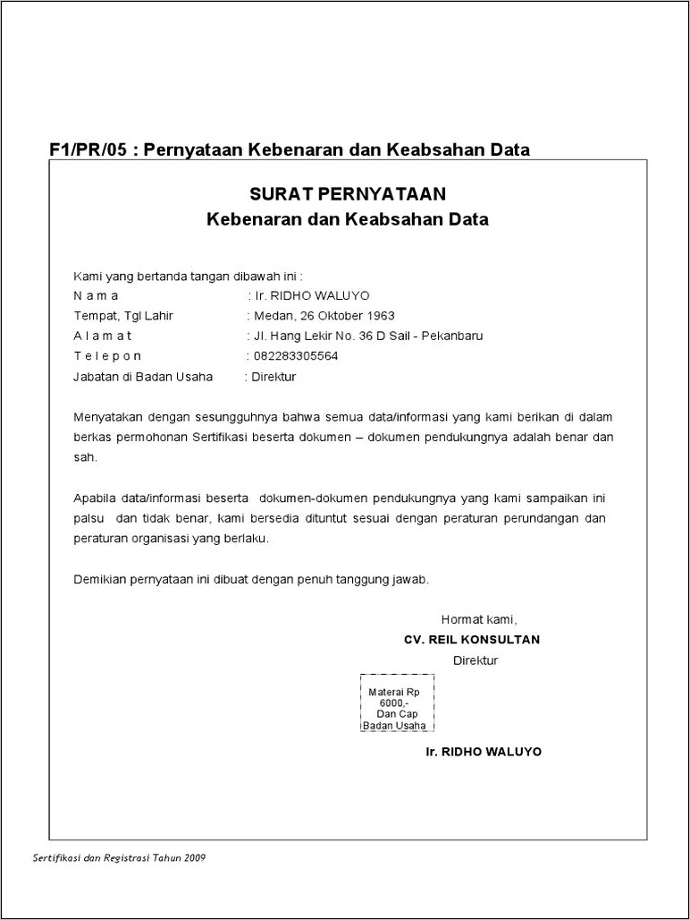 Contoh Surat Pernyataan Kebenaran Data Dan Tidak Komersial